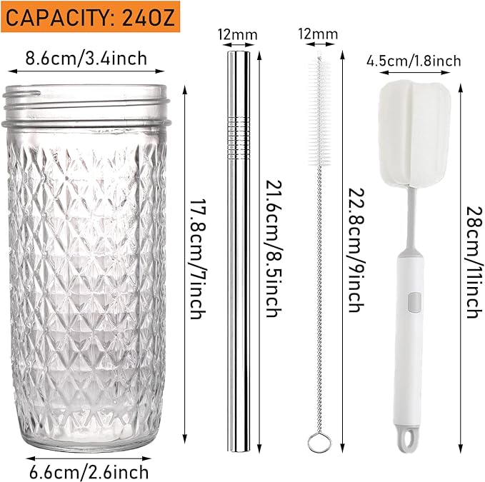 2 Pcs Glass Cups Set - 24oz Mason Jar Drinking Glasses with Bamboo Lids & Straws & 2 Airtight Lids, Cute Reusable Smoothie cup, Iced Coffee Glasses, Travel Tumbler for Bubble Tea, Juice
