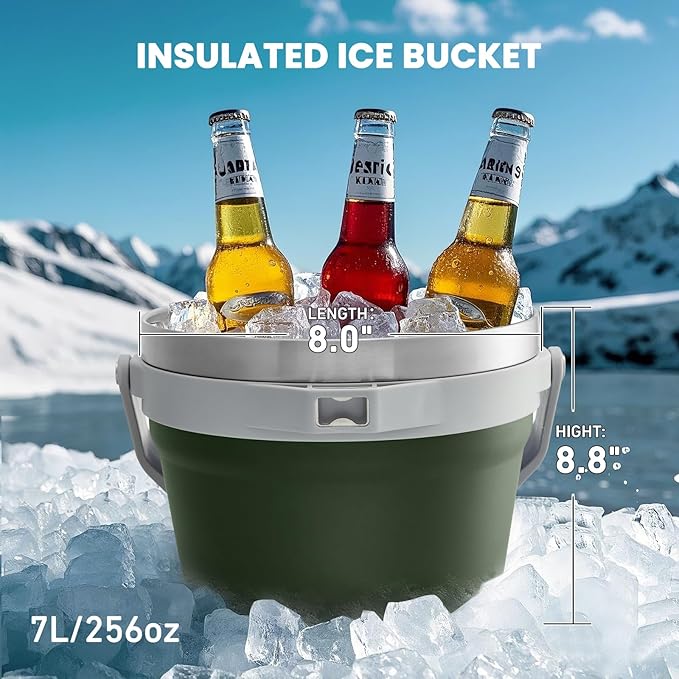 COKTIK 7L Vacuum Insulated Ice Bucket with Lid，Large capacity Stainless Steel Beverage Bucket for Cocktail, Champagne, Wine, Beer，Large Parties（Army Green）