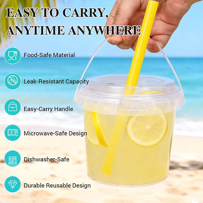 ASEVAT 12 Pack 17oz Clear Plastic Drink Buckets with Dual-Lid System, Reusable 0.5L Cups with Lids and Straws, Leakproof Bucket Cups for Boba Bubble Tea, Smoothies, Iced Coffee