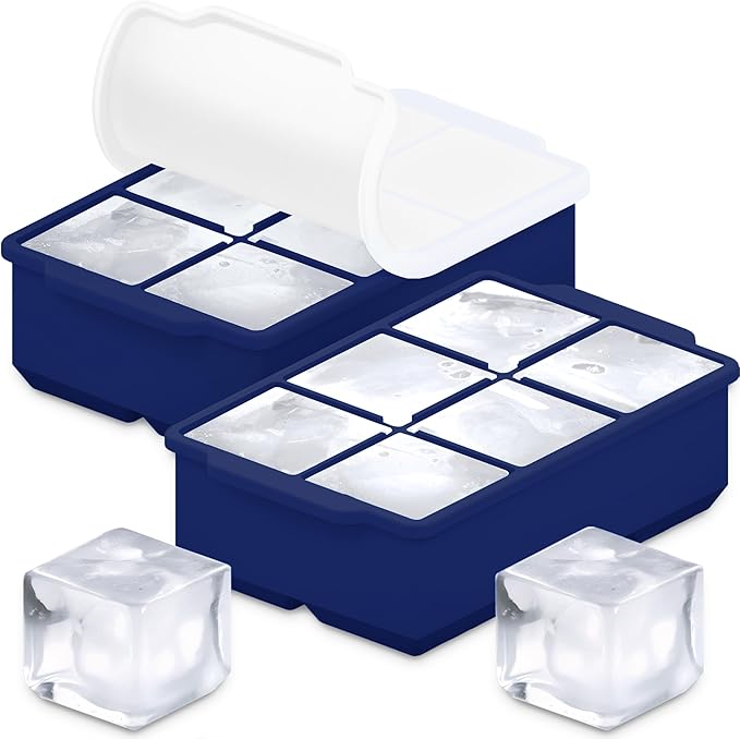 KitchFort Large Silicone Ice Cube Tray (2-Pack), Easy Release 2" Big Ice Cubes - Cocktail, Whiskey Ice Cubes Mold - Ice Trays for Freezer with Lid - Stackable Silicone Ice Tray - Navy Blue