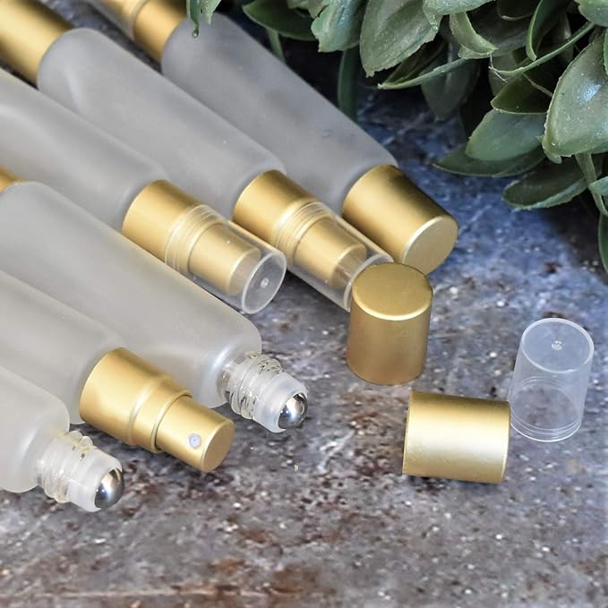 6-Pack Frosted Clear Glass Bottles with Dual Ends – Sprayer & Roller Tops – Leakproof, Quality Essential Oil & Perfume Bottles with Elegant Gold Accents – Refillable Custom Blend Containers