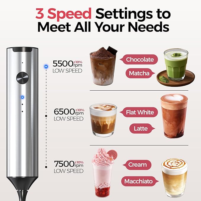 YARRAMATE Rechargeable Milk Frother with Stand, Coffee Frother Stirrer Wand, Handheld Drink Mixer with Stainless Steel Whisk, Electric Whisk Foam Maker for Lattes, Cappuccino, Matcha, Protein Powder