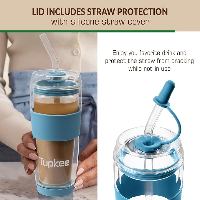 Tupkee Double Wall Glass Tumbler Straw Lid - For Hand Blown Glass Travel Mug, 14-Ounce & 8-Ounce, Niagara