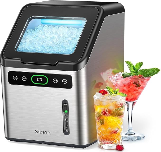 Silonn Countertop Nugget Ice Maker, 44lbs/Day Soft Chewable Pebble Ice, One-Click Self-Cleaning, Compact Ice Machine for Home Kitchen Office Party, Stainless Steel