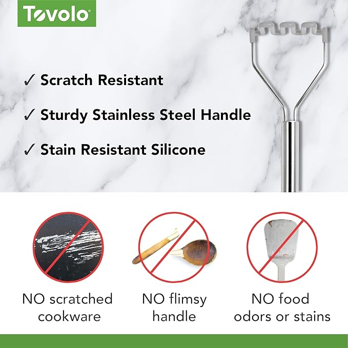 Tovolo Silicone Potato Masher Stainless Steel Handle Oyster Gray Dishwasher Safe Heat Resistant Non Scratch Handheld Coil Wire Potato Smasher for Nonstick Pans Ergonomic Kitchen Food Prep Tool