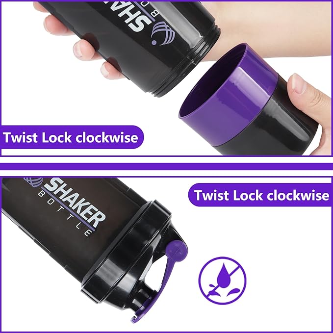 Protein Shaker Bottle,Sports Water Bottle,Leak Proof Shake Bottle For Protein Mixer,Non Slip 3 Layer Twist Off 3oz Cups with Pill Tray,Workout Shaker Bottle 16oz,Purple