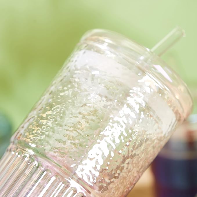 JunVpic Glass Cups with Lids and Straws, 20 OZ Multi Iced Coffee Glasses Tumblers for Ice Water, Juice, Tea, Milk, Smoothie and Cold or Hot Drinks, Set of 2