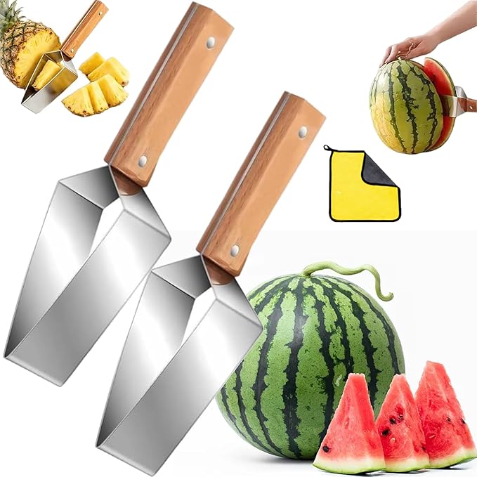 Triangle Watermelon Cutter, Stainless Steel with Wooden Handle -Melon Slicer, Fruit Cutter for Kitchen Gadgets, Stainless Steel Watermelon Slicer Tool for Home Kitchen Camping Picnic (2)
