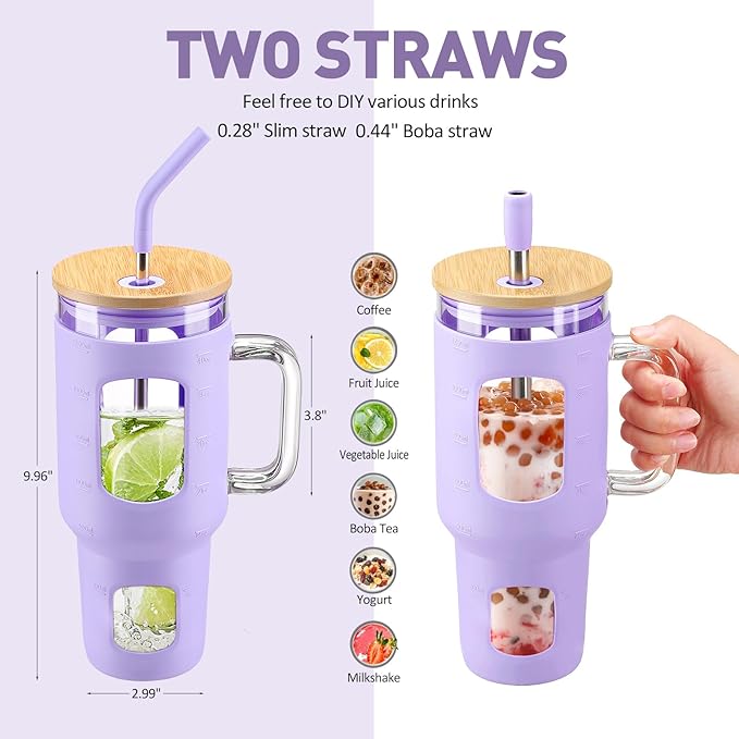 WINSA Glass Tumbler with Straw and Lid, 40 oz glass cup with handle, Glass Water Bottles with Time Marker, Silicone Protective Sleeve-Purple