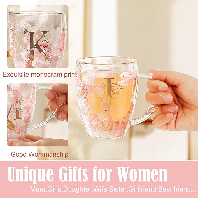 Gifts for Women Flower Cute Monogrammed Double Wall Glass Coffee Mug Initial Tea Cup Monogrammed Customized Birthday Valentine Wedding Christmas Gift for Mom Wife Friends Sister Birde Coworkers (J)
