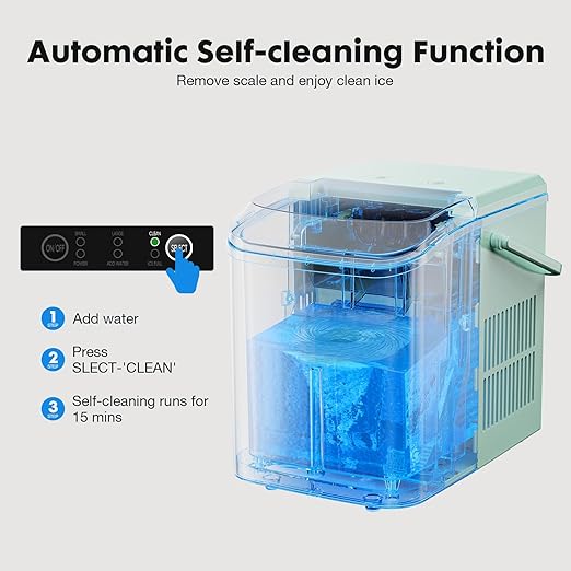 Sweetcrispy Countertop Ice Maker with Scoop, Basket and Handle, Portable Ice Machine 9 Ice Cubes Ready in 6 Mins, 26.5lbs in 24Hrs, 2 Sizes for Home Kitchen Office Bar Party, Green