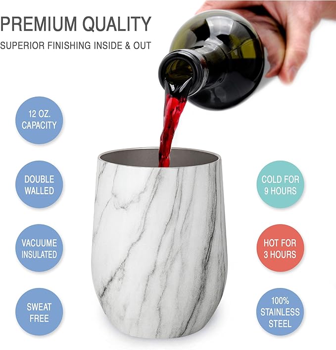 CHILLOUT LIFE 12 oz Stainless Steel Wine Tumblers 4 Pack - Double Wall Vacuum Insulated Wine Glasses Cups with Lids and Straws Set Keeping Cold & Hot for Coffee, Beer, Ice Cream - Carrara Marble
