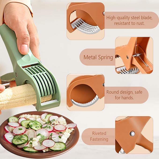 Multifunctional Fruit and Vegetable Slicer, Cucumber Divider, Press & Cut, Stainless Steel Blades, Ideal for Bananas, Cucumbers, Carrots, Peppers, Sausages (Green)