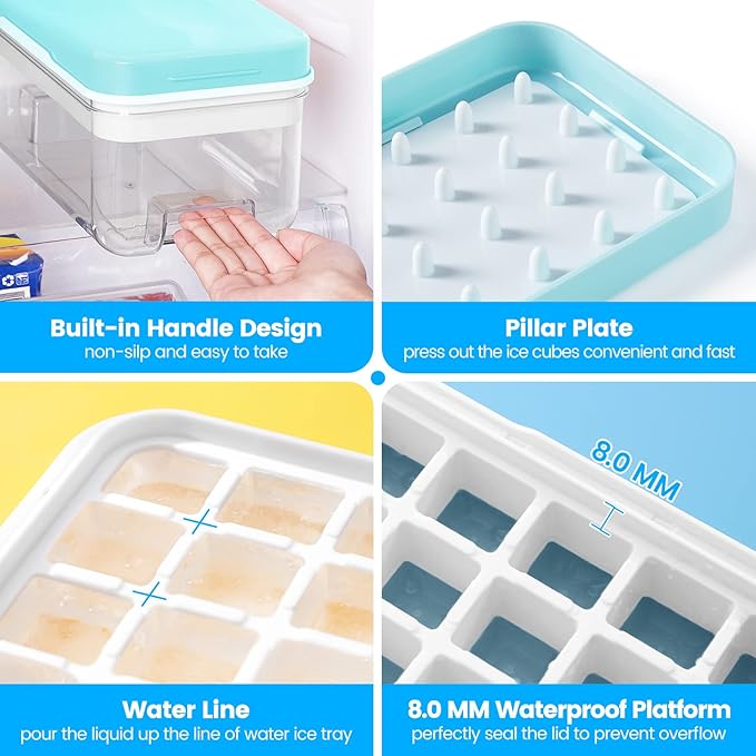 Ice Cube Tray with Lid and Bin, PHINOX 96 pcs Ice Trays for Freezer, Ice Cube Trays for Freezer with 3 trays, Container, Lid & Ice Scoop, BPA Free