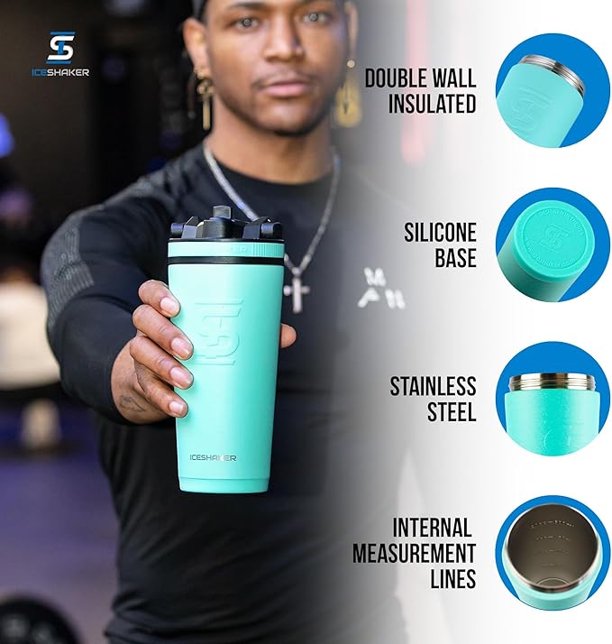 Ice Shaker Insulated Stainless Steel Shaker Bottle | 26oz, Mint | Cold for 30+ Hours | Insulated Cup with Twist-on Agitator | Odor-Free Bottle for Protein Shakes, Water, Smoothies, Cocktails