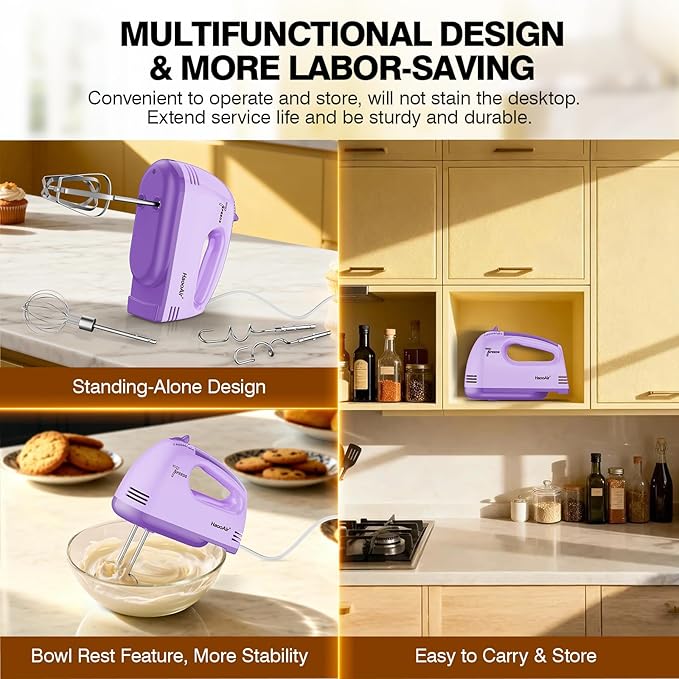 Electric Handheld Mixer, 7-Speed Adjustable Kitchen Mixer, 5 Stainless Steel Accessories (2 * Dough Hooks, 2 * Beaters, 1 * Whisk), Perfect for Kitchen and Baking Food Mixers, Purple