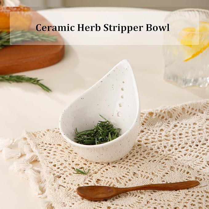 Herb Stripper Bowl, Ceramic Herb Peeling Bowl, Kitchen Herbs Leaf Stripping Tool, Pottery Herb Peeler for Kale, Thyme, Basil, Rosemary Stripper (White)
