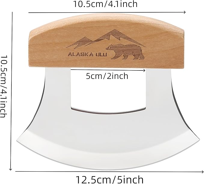 Alaskan Ulu Knives Pizza Cutter Chopper Slicer for Salad Vegetables Meat Chopping Mincing with Wooden Stand Arthritic Tool 5x4in (2)