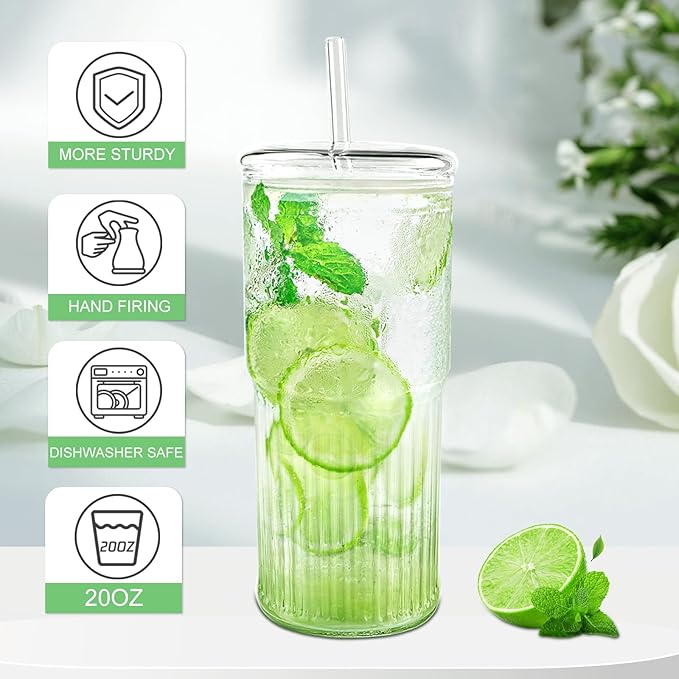 Luiaiog Glass Cups with Lids and Glass Straws, High Borosilicate 20OZ Tumblers for Coffee, Tea, Juice, Smoothies, Hot/Cold Drinks at Home, Office