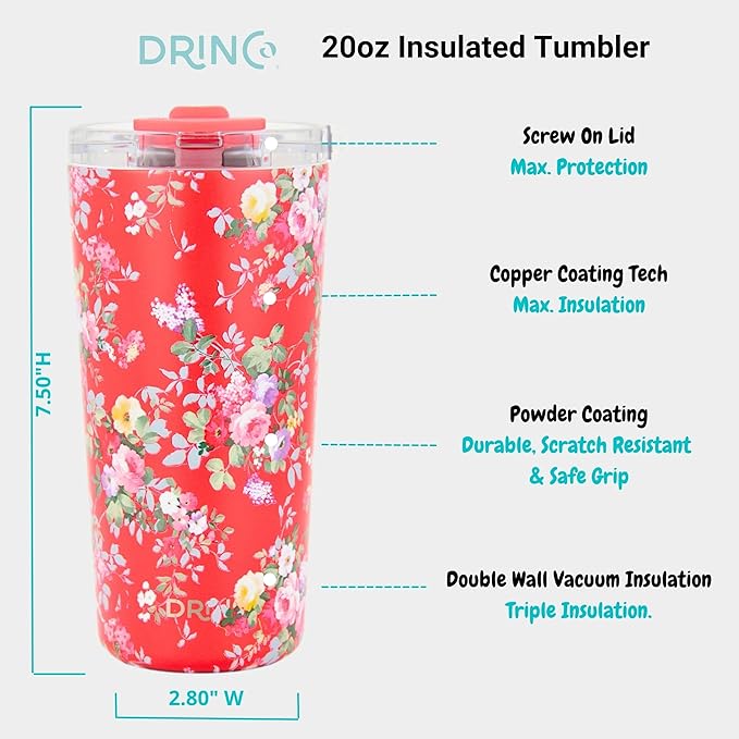 Drinco - 20 oz Stainless Steel Tumbler | Double Walled Vacuum Insulated Mug With Lid, 2 Straws, For Hot & Cold Drinks (20oz Peony Floral)