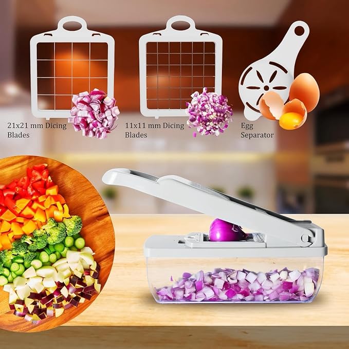 Kalmat Dynamics Food Chopper and Vegetable Slicer, 16-in-1 Multi-Function Kitchen Chopper with 7 Blades and Container, Free Black Cooking Apron (White + Black)