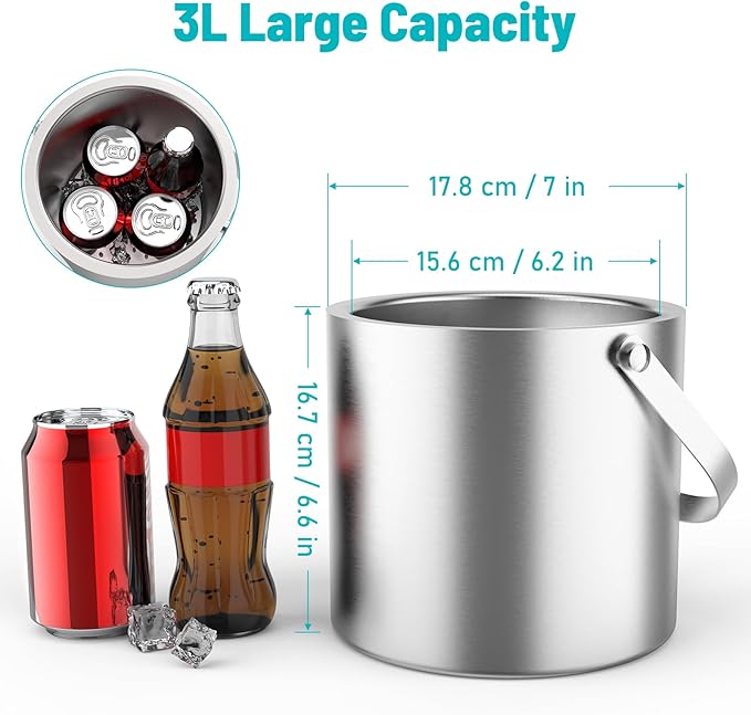 3L Stainless Steel Ice Bucket, Double Wall Insulated Ice Bucket with Lid, Drain Plate, Scoop, Tong for Parties Cocktail Bar