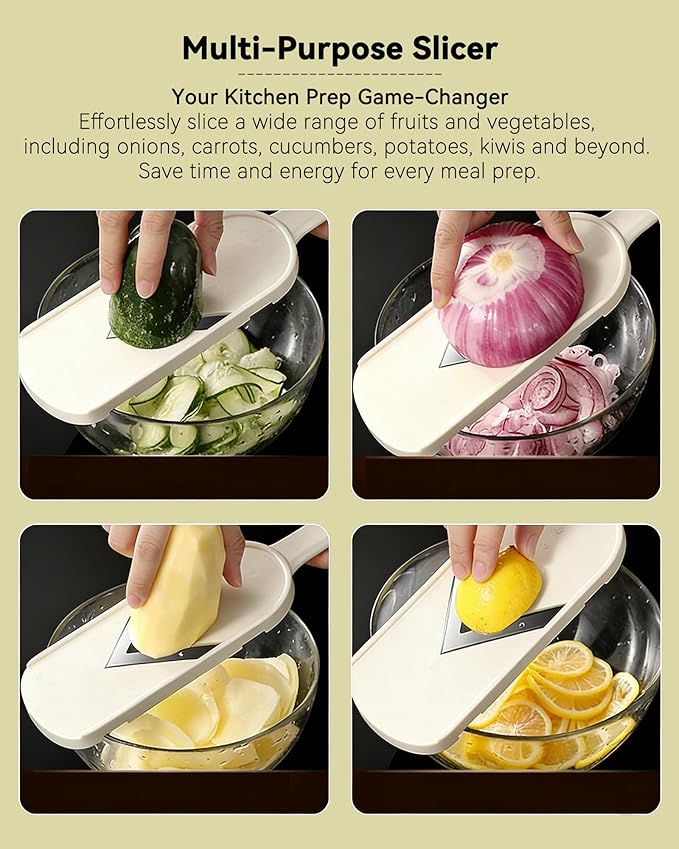 Handheld Mandoline Slicer for Kitchen - Stainless Steel V-Blades with Food Holder & Cleaning Brush, Comfort Grip, Easy to Clean, Vegetable Chopper Cheese Grater for Potato Chips Cucumber Onion Salad
