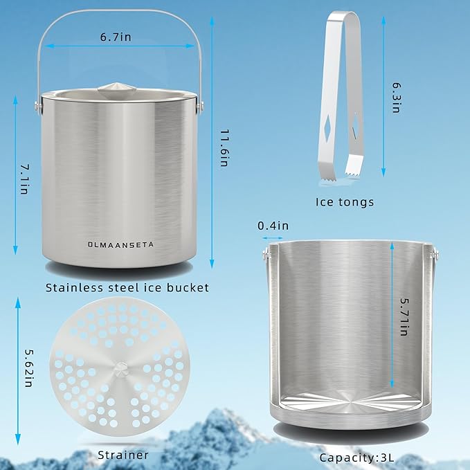 Stainless Steel Ice Bucket For Parties With Lid And Ice Tongs,Insulated Wine Bucket With Strainer Keeps Drinks Cold And Ice Cube From Melting