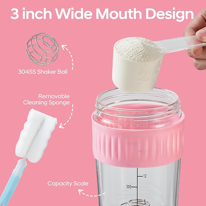 16oz Glass Shaker Bottle for Protein, Small Borosilicate Glass Protein Powder Leak-Proof Shaker Cup Mixes with 304 Blending Ball(16oz,Pink)