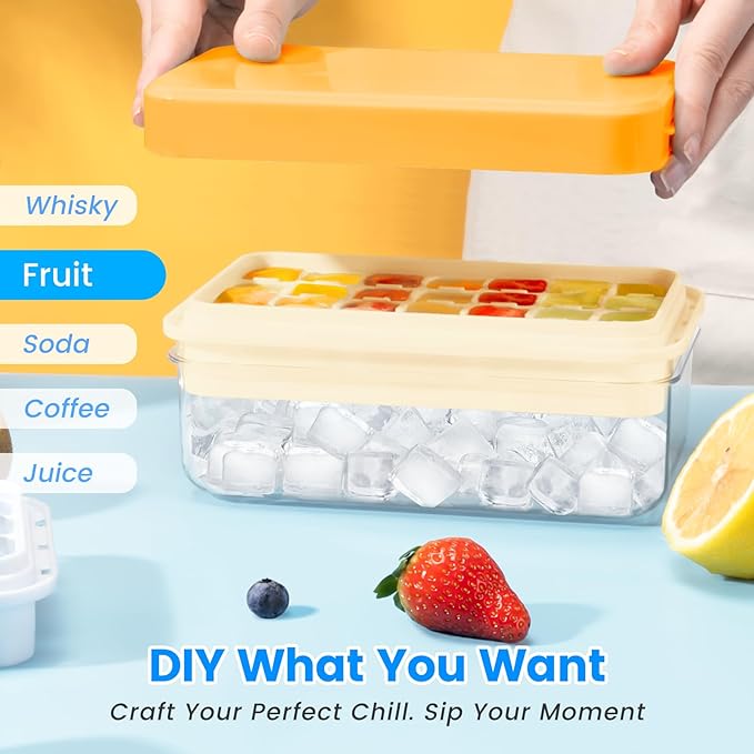 Ice Cube Tray with Lid and Bin, 28 pcs Ice Cubes Molds, Ice Trays for Freezer, Ice Cube Tray Mold, with 1 tray, Ice Freezer Container, Spill-Resistant Removable Lid & Ice Scoop, for Whiskey,Cocktail