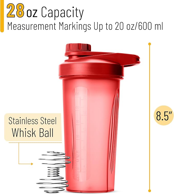 Mr. Pen- Shaker Bottle for Protein Mixes, 28 oz, Red With Twist Cap and Wire Whisk Ball, Mixer Cup for Shakes
