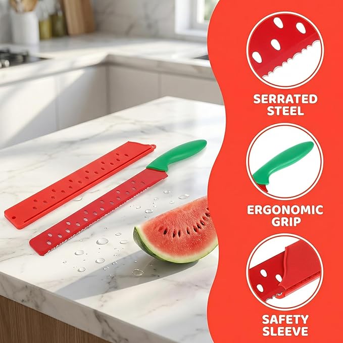 TOYANDONA 17 Inch Watermelon Cutter Serrated Fruit Knife with Protective Sleeve Large Stainless Steel Melon Knife for Watermelon Slicing and Summer Bbq Kitchen Tool