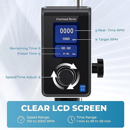 Overhead Stirrer for Lab – 20L High Viscosity Mixer (10,000 cP), 100-2000 RPM Digital Stirrer with LCD Display, Timer, Torque Boost & Beaker Clamp for Chemistry, Biology, Research