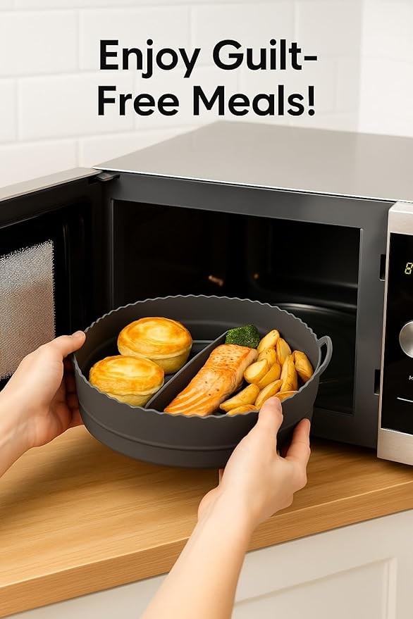Silicone Air Fryer Liner 8.6" Round for 5–8 QT, With Divider Split for 2 Flavors, Reusable Non-Stick Collapsible Pot Liner, Dishwasher Safe, Heat-Resistant 446°F, BLACK, 1 Pack