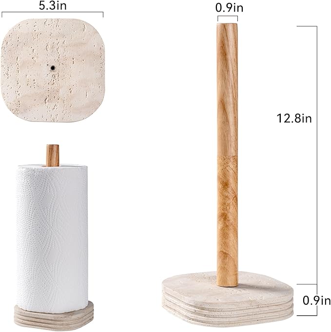 Natural Travertine Textures Standing Paper Towel Holder for Kitchen Countertop, Bathroom Toliet Paper Roll Holder with Weighted Base and Sturdy Wood Stand,for Standard or Plus Rolls, Height-Adjustable