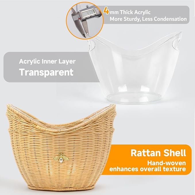 Lexenic Ice Bucket with Handle Hole, Woven and Acrylic Double Layer Basket Design, 4L Champagne Wine Ice Bucket for Cocktail Bar, Parties, Picnics- Anti Frozen Hands Anti Water Leakage (Rattan)