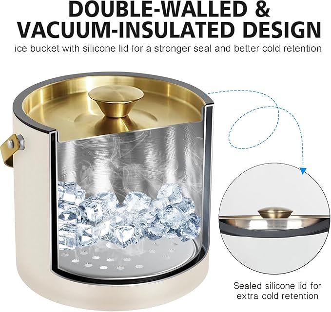 3.2L Modern Insulated Ice Bucket with Silicone Lid, Scoop, Strainer, Double Wall Stainless Steel Ice Bucket for Parties & Cocktail Bar,Ideal for Gift(Pearl White)