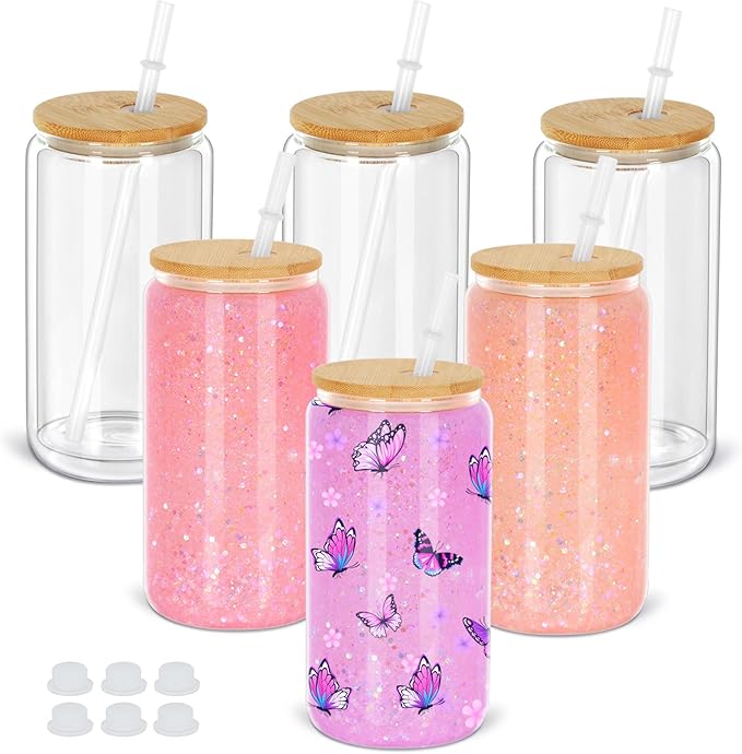 16 Oz Snow Globe Tumbler, 6 Pack Pre-Drilled Sublimation Glass Cup For Glitter Snow Globe Diy, Double Wall Sublimation Glass Tumbler