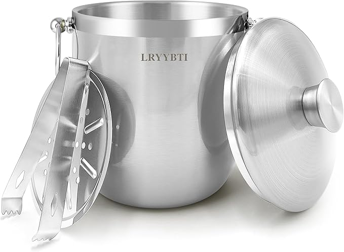 Ice Buckets for Parties with Lid,Tongs and Strainer (3L/Silver) Double Wall Stainless Steel Ice Bucket Keeps Frozen Longer,Ideal Perfect for Parties, Cocktail bar, Chilling Wine, Champagne