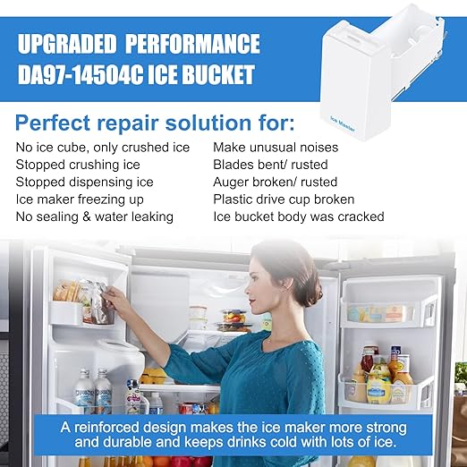 Upgraded DA97-14504C Ice Bucket Replacement for Samsung Refrigerator Ice Maker Tray Part DA97-14504A Ice Container Assembly RF22KREDBSR, RF23HCEDBBC,RF23J9011SR, RF24FSEDBSR Fridge Assy Tray Ice Bin