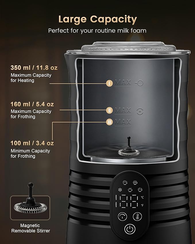 Milk Coffee Frother and Steamer,Temperature Display, 350lm, Burn-Free Base, Easy To Clean, 96% High Foam Rate,Ultra-Quiet Operation,Electric Cold Foam Maker Machine,Hot Chocolate Frother - Black