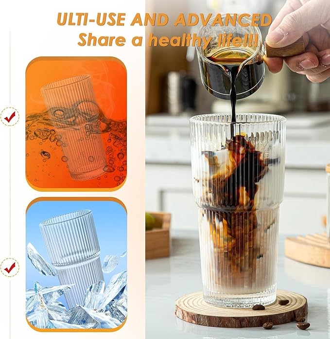20 oz Glass Tumblers, Iced Coffee Cups with Lids and Glass Straws, Thickened Wall Glass Cups, Ideal for Smoothies, Cocktails, and Juices – Vintage and Durable Drinkware – 4 Pack