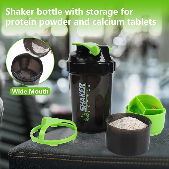 Protein Shaker Bottle,Sports Water Bottle,Leak Proof Shake Bottle For Protein Mixer,Non Slip 3 Layer Twist Off 3oz Cups with Pill Tray,Workout Shaker Bottle 16oz,Green
