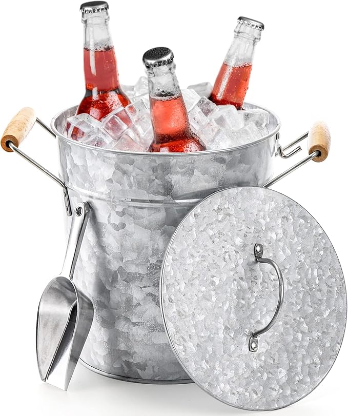 Frcctre Farmhouse 4 Liter Ice Bucket with Lid, Galvanized Metal Beverage Tub with Scoop and Handles, Drink and Wine Chiller for Bar, Party, BBQ, Great for Indoor and Outdoor Use