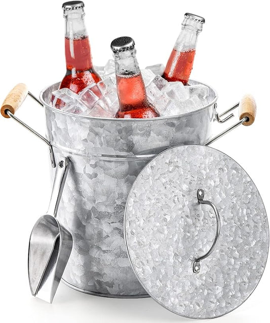 Frcctre Farmhouse 4 Liter Ice Bucket with Lid, Galvanized Metal Beverage Tub with Scoop and Handles, Drink and Wine Chiller for Bar, Party, BBQ, Great for Indoor and Outdoor Use