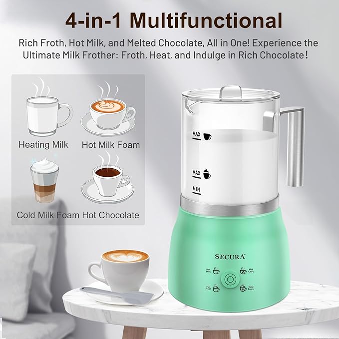 Secura Detachable Milk Frother and Steamer, 17oz Electric Milk Warmer 4-in-1 Hot/Cold Foam Maker, Teflon-Free and Non-Stick Coating-Free Glass Milk Jug, Dishwasher Safe for Hot Chocolate (Green)