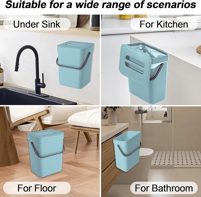 Compost Bin Kitchen, for use on Countertops or Under Sinks, Hanging Trash Can with Lid, for Cupboard/Bathroom/Bedroom/Office/Camping, Mountable Indoor Compost Bucket(Blue 1.3 Gallon/5L)