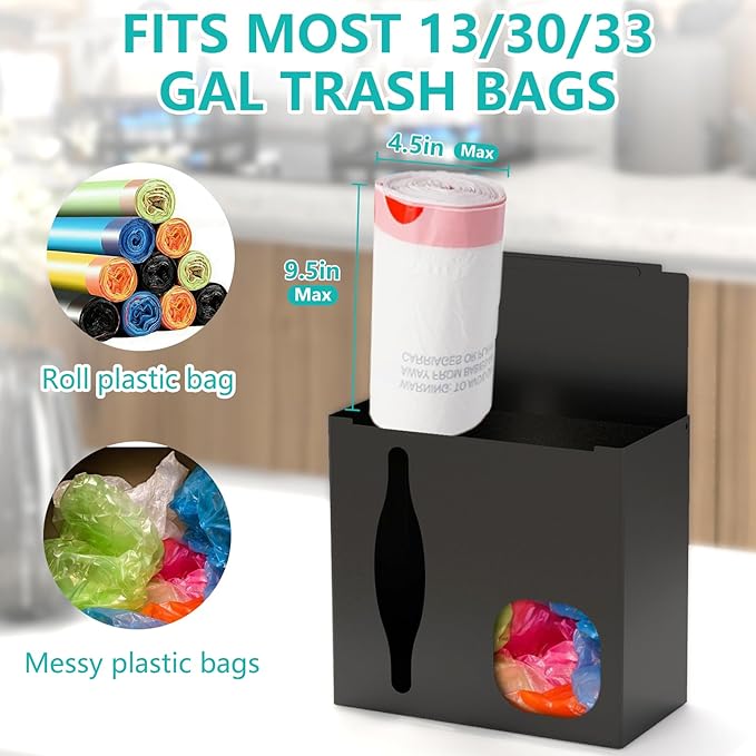 STWWO 2 in 1 Grocery Bag Holder & Trash Bag Holder Dispenser, Kitchen Grocery Storage Organizer for Cabinet, Under Sink, Wall Mounted or Countertop, Metal Black