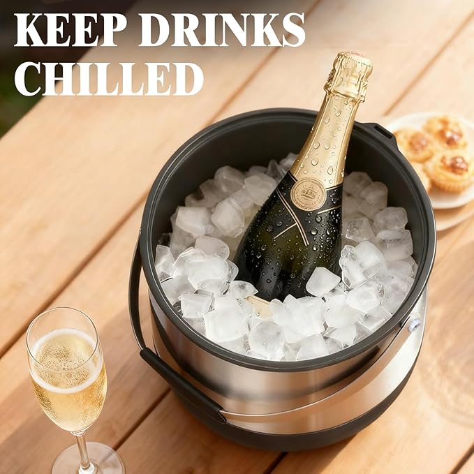 7QT/6.8L Large Insulated Ice Bucket for Parties, Double-Wall Beverage Bucket with Scoop & Lid,Keeps Champagne, Wine, Beer Chill for Parties (Black)