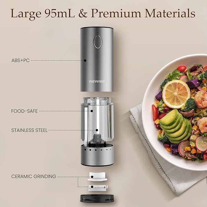 Newise Electric Salt and Pepper Grinder Set - Mothers Day Kitchen Gifts for Women, Mom, Rechargeable with LED Lights, Stainless Steel Automatic Mill, Adjustable Coarseness, Large Capacity, Silver